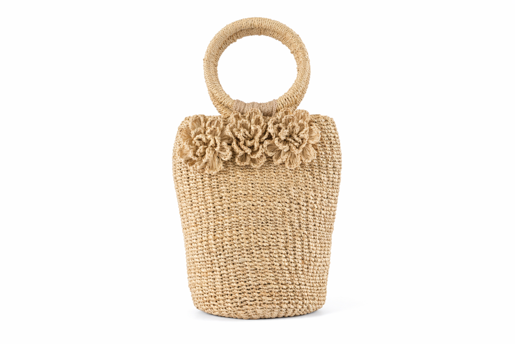 Agnes | Woven Bucket Bag with Ring Handle and Flowers | Handcrafted Abaca Bag