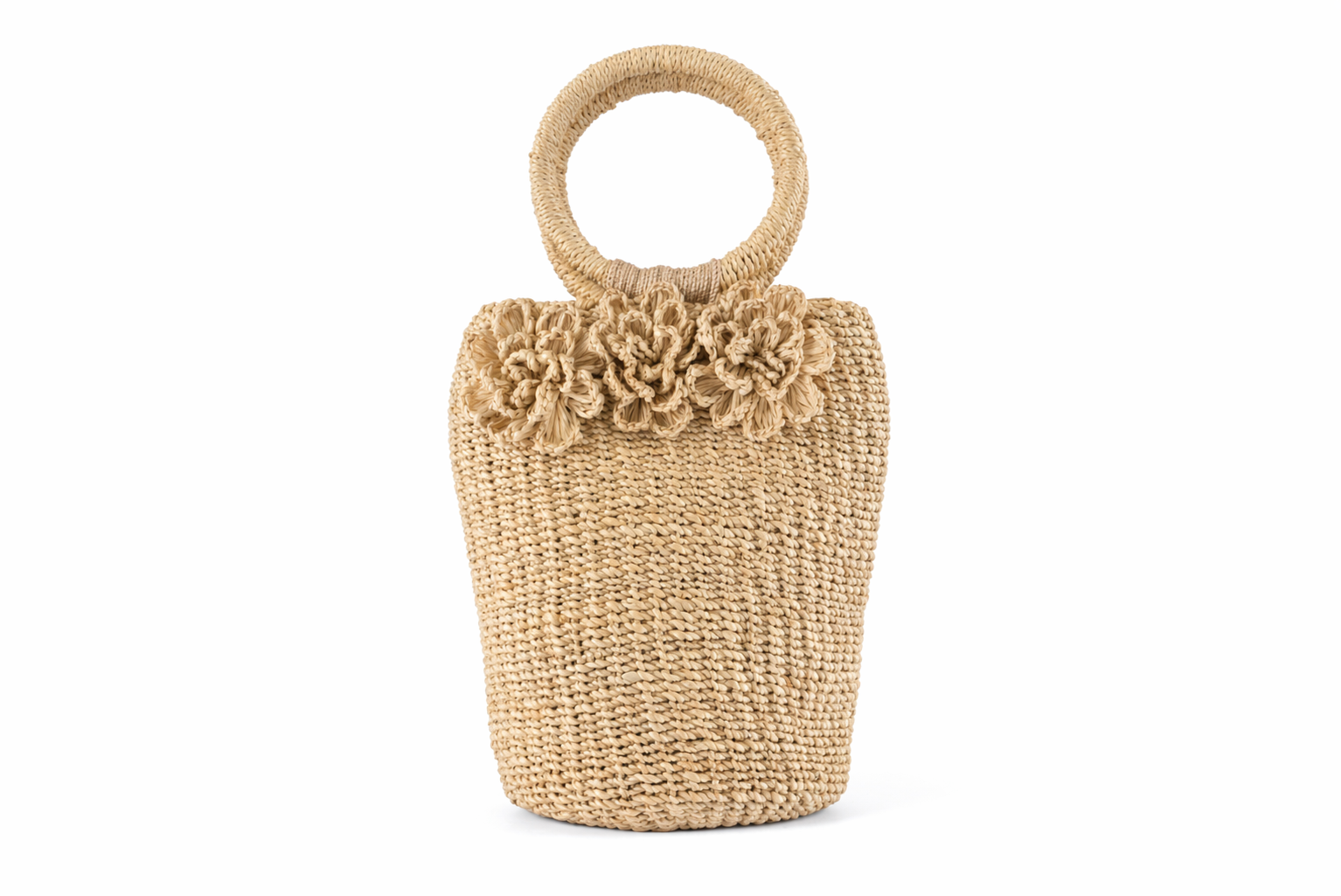 Agnes | Woven Bucket Bag with Ring Handle and Flowers | Handcrafted Abaca Bag