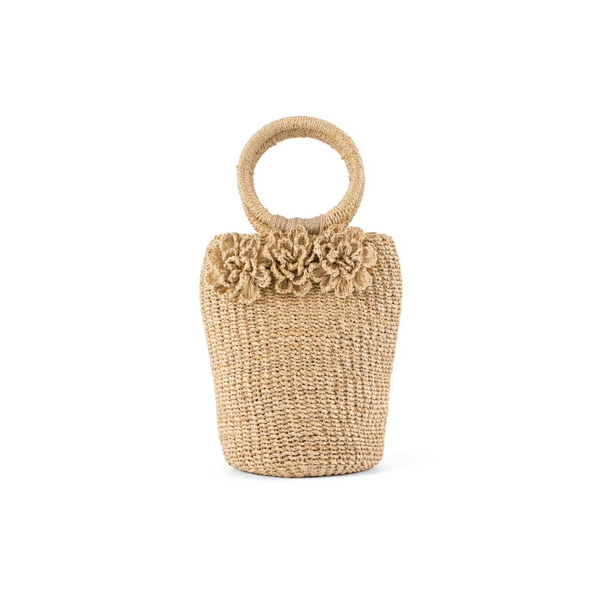 Agnes | Woven Bucket Bag with Ring Handle and Flowers | Handcrafted Abaca Bag
