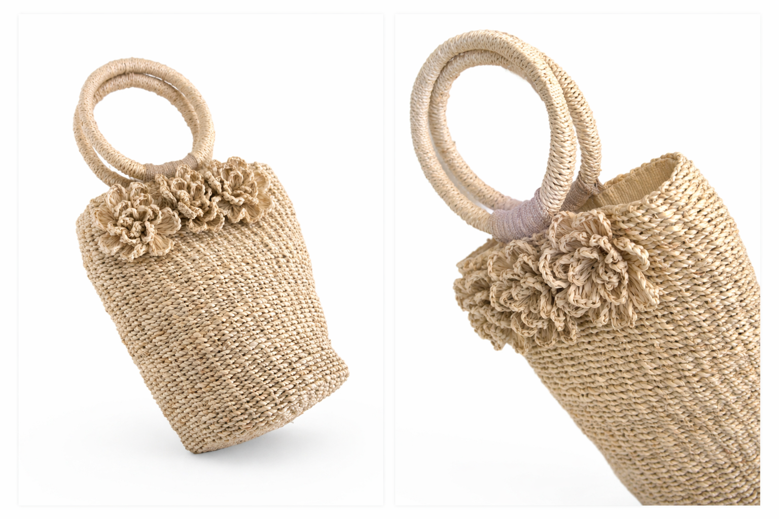 Agnes | Woven Bucket Bag with Ring Handle and Flowers | Handcrafted Abaca Bag