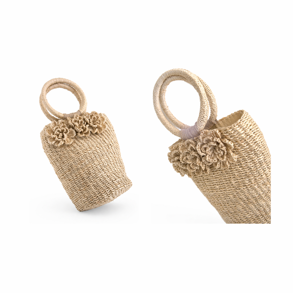Agnes | Woven Bucket Bag with Ring Handle and Flowers | Handcrafted Abaca Bag