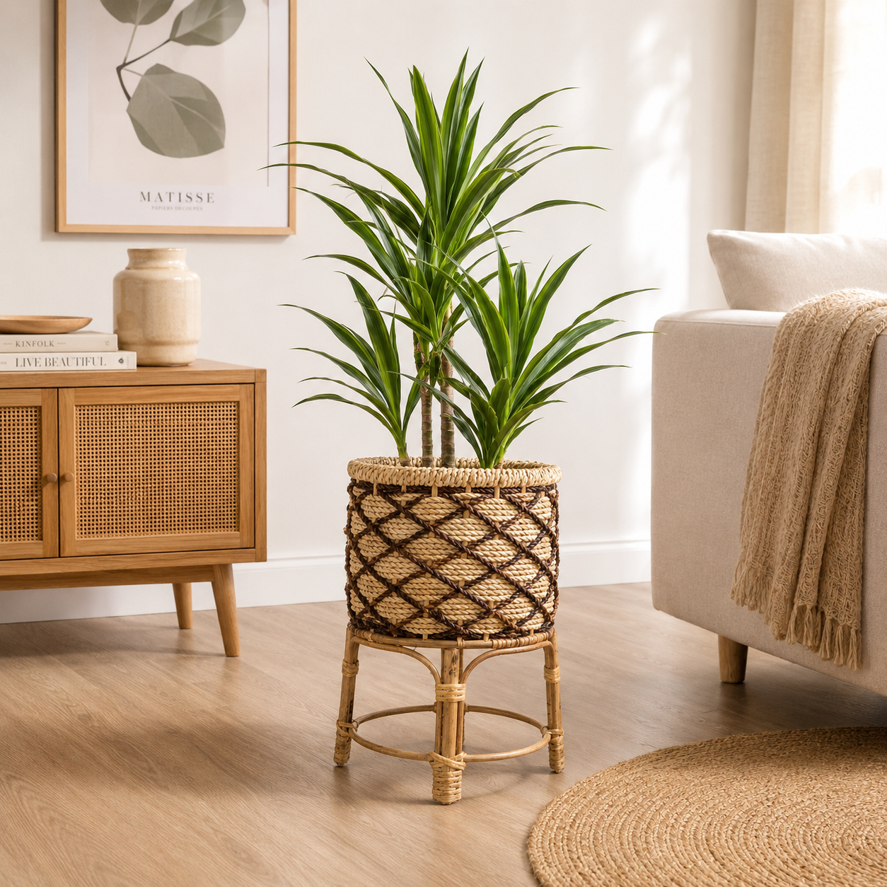Weaved Round Planters with Stand | Set of Three (3) | Handcrafted Buri Planters