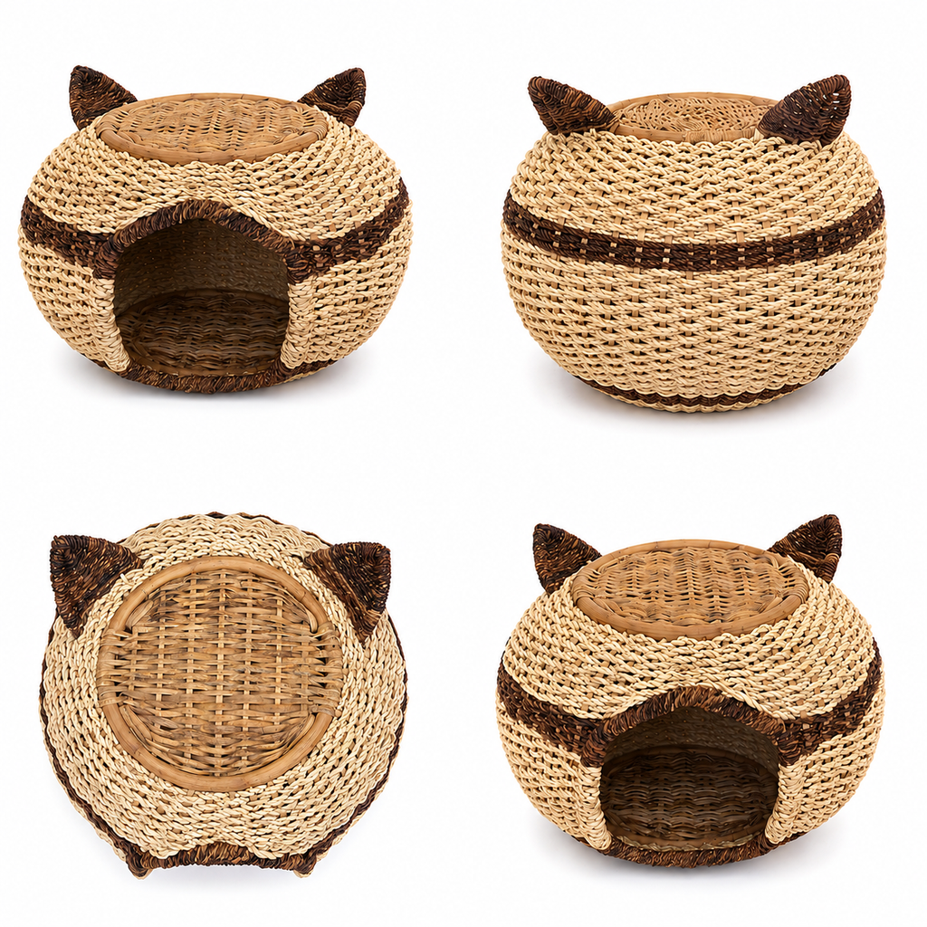 Rattan Pet Bed with Cat Ears | Handcrafted Rattan/Buri Pet Bed