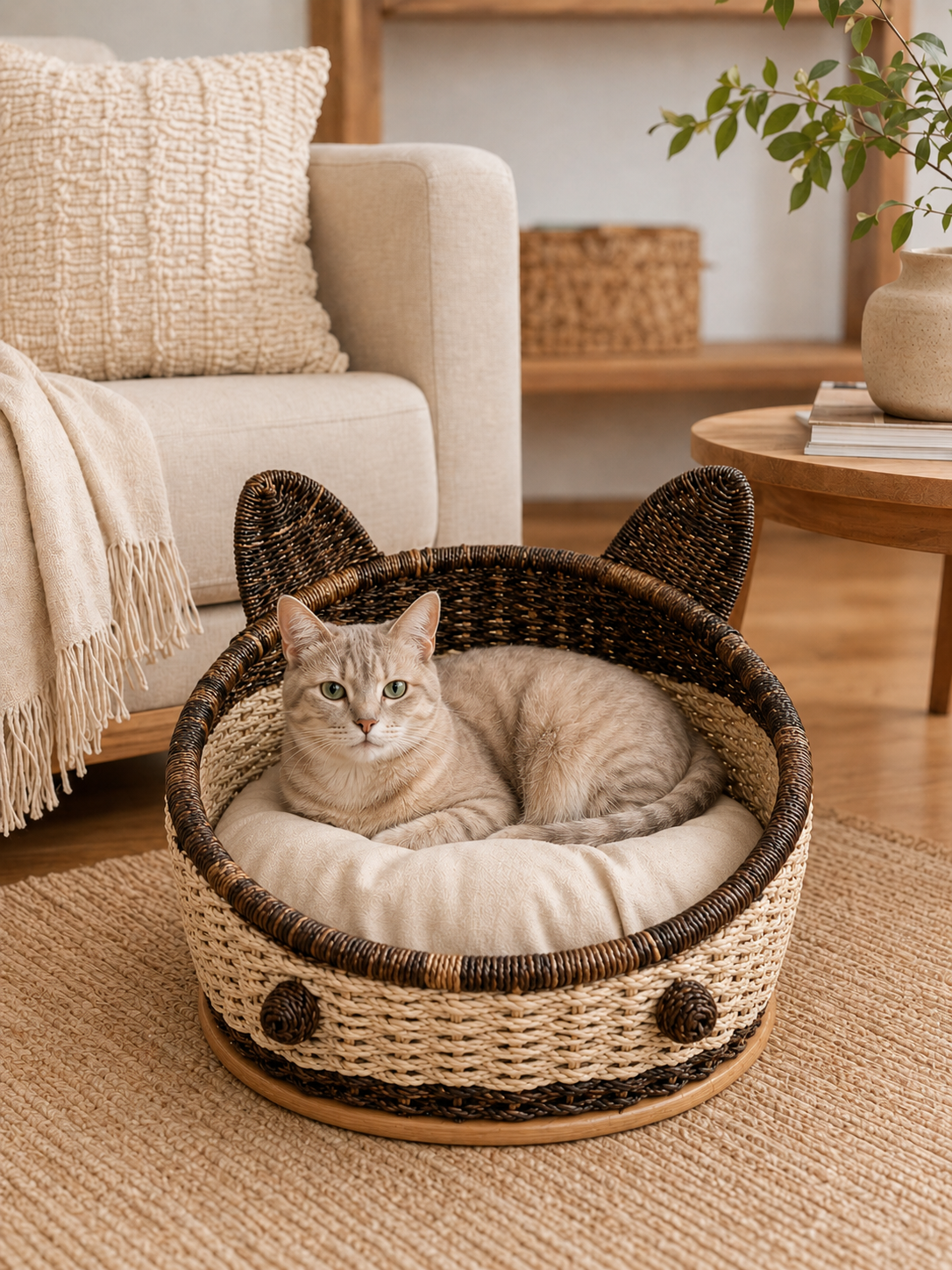 Two-Tone Open Pet Bed with Cat Ears | Handcrafted Buri Pet Bed