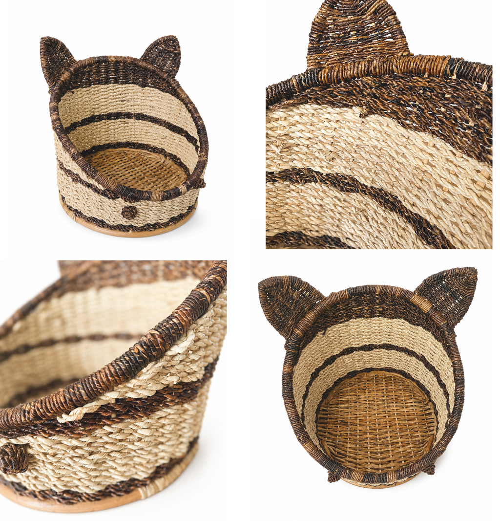 Two-Tone Open Pet Bed with Cat Ears | Handcrafted Buri Pet Bed