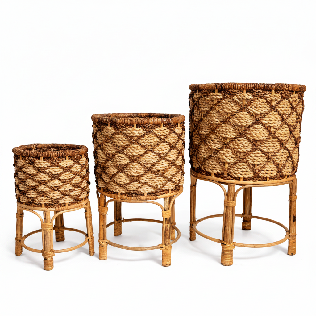 Weaved Round Planters with Stand | Handcrafted Buri Planters