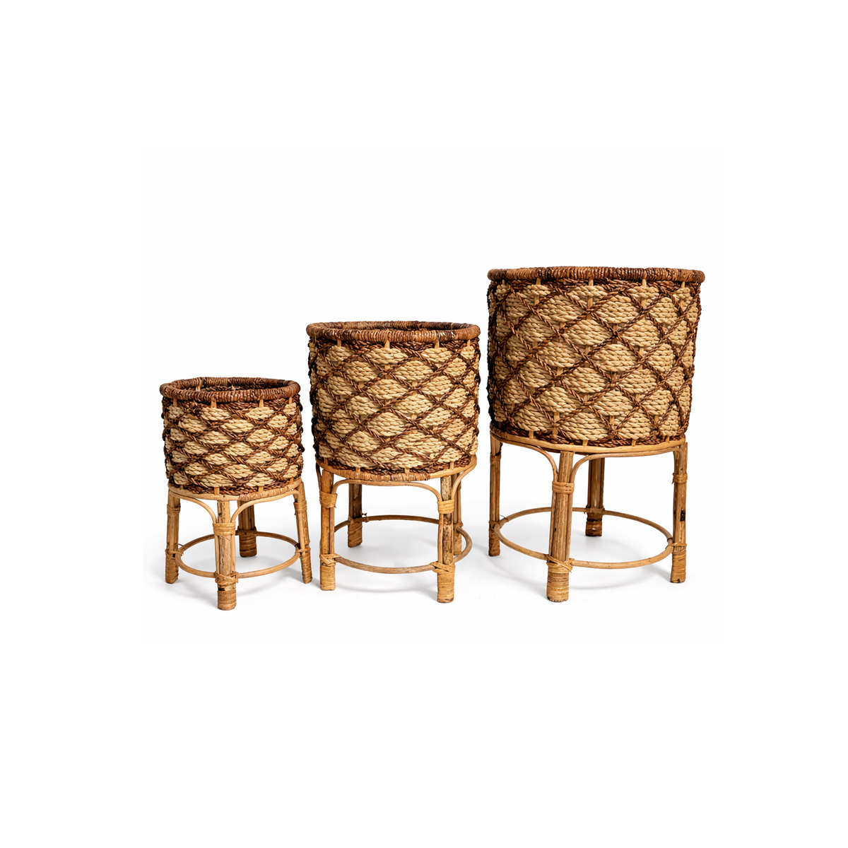 Weaved Round Planters with Stand | Set of Three (3) | Handcrafted Buri Planters