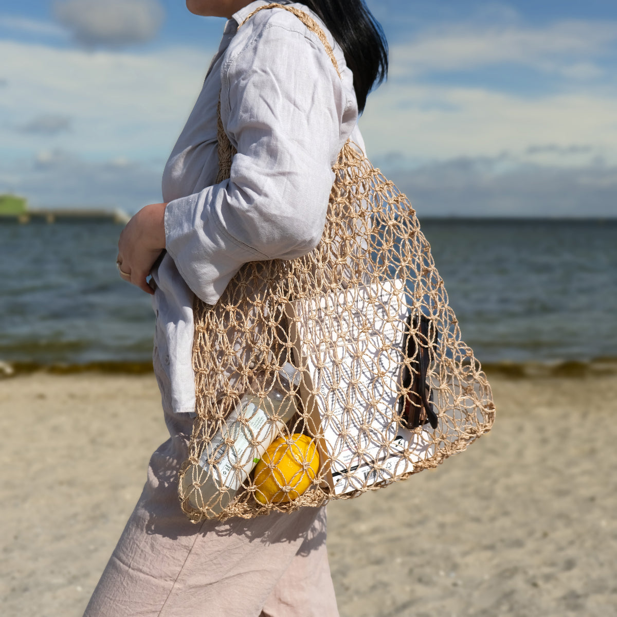 Mila | Natural Macramé Tote with Net Pattern | Handwoven Abaca Bag