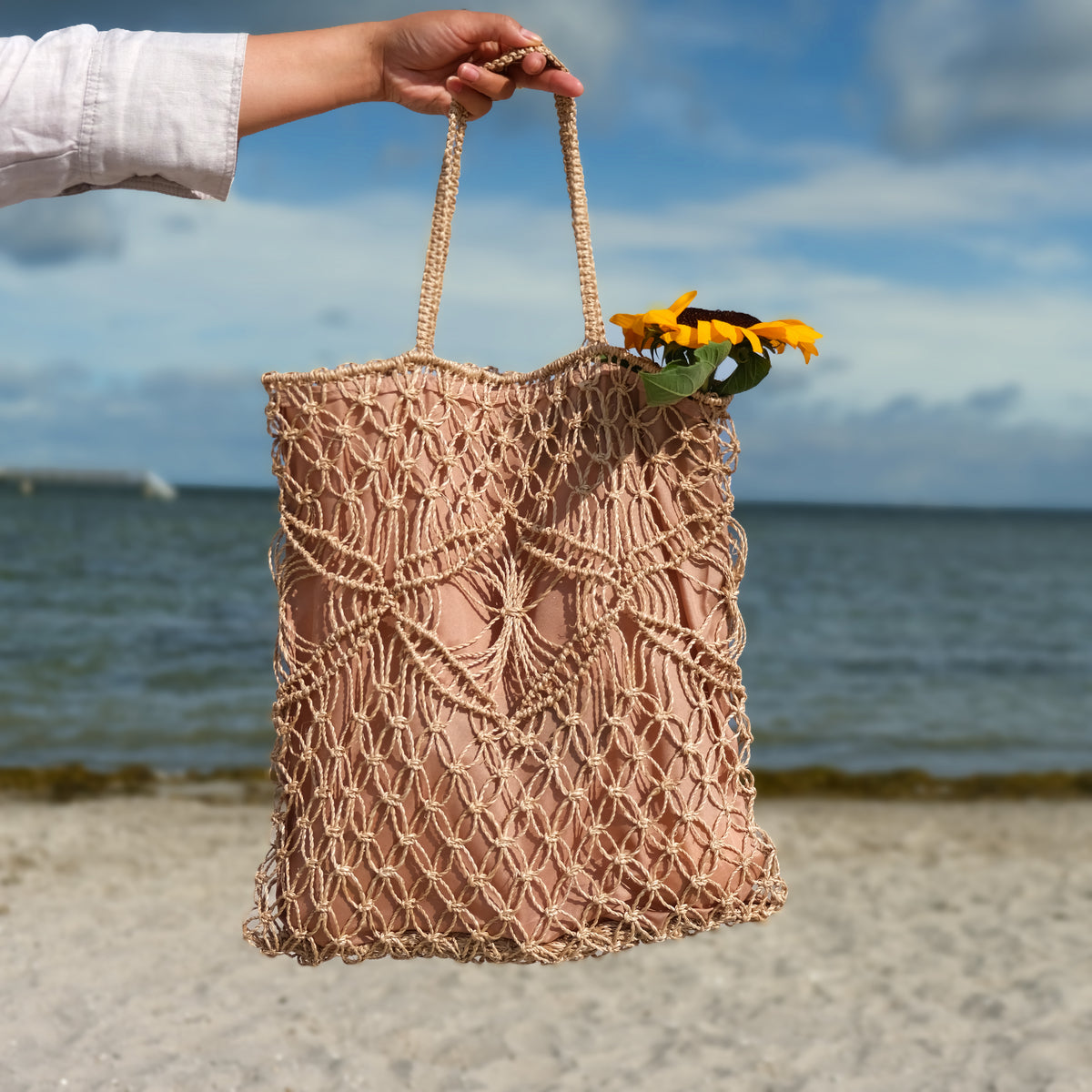 Mila | Natural Macramé Tote with Patterns and Inner Lining| Handwoven Abaca Bag