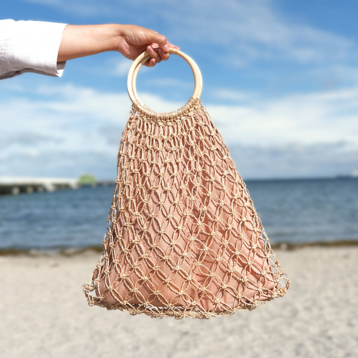 Mila | Natural Macramé Tote with Ring Handle and Inner Lining | Handwoven Abaca Bag