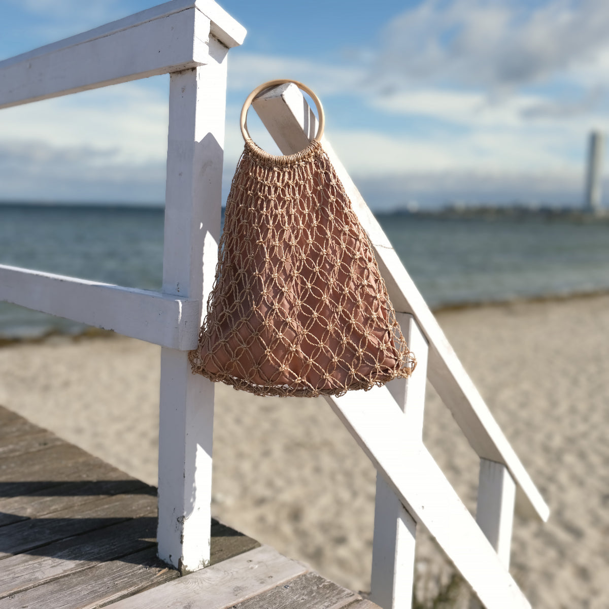 Mila | Natural Macramé Tote with Ring Handle and Inner Lining | Handwoven Abaca Bag