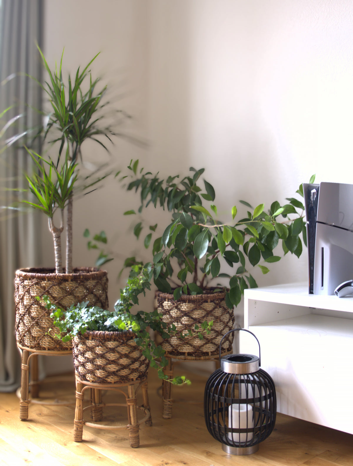 Weaved Round Planters with Stand | Set of Three (3) | Handcrafted Buri Planters