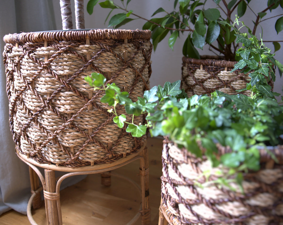 Weaved Round Planters with Stand | Set of Three (3) | Handcrafted Buri Planters