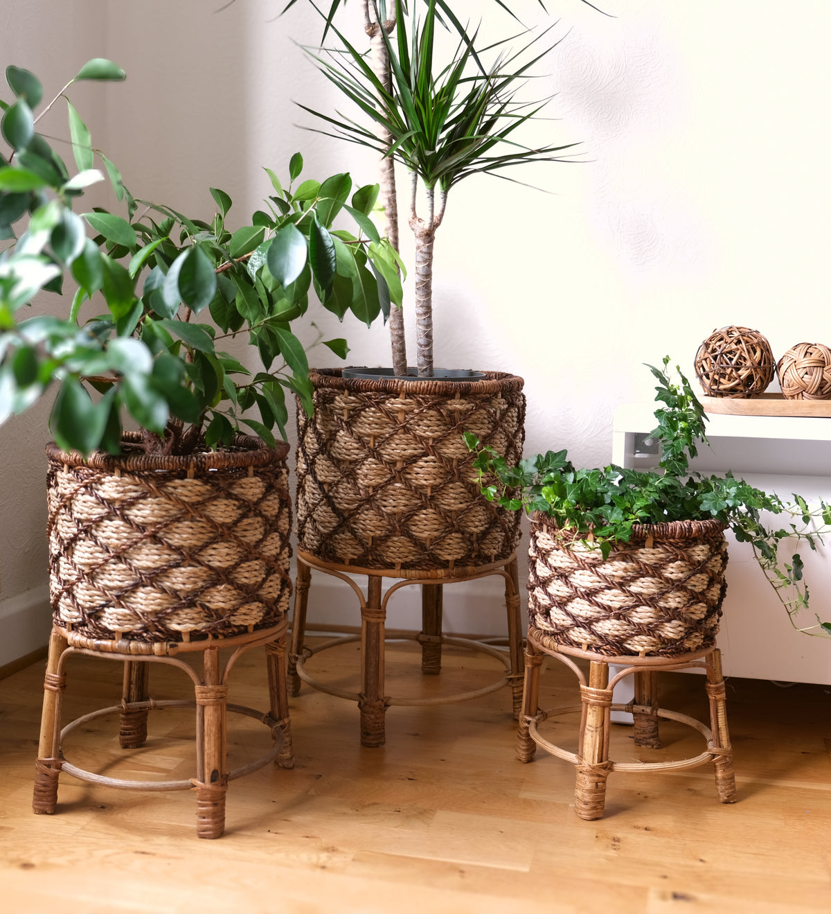 Weaved Round Planters with Stand | Set of Three (3) | Handcrafted Buri Planters