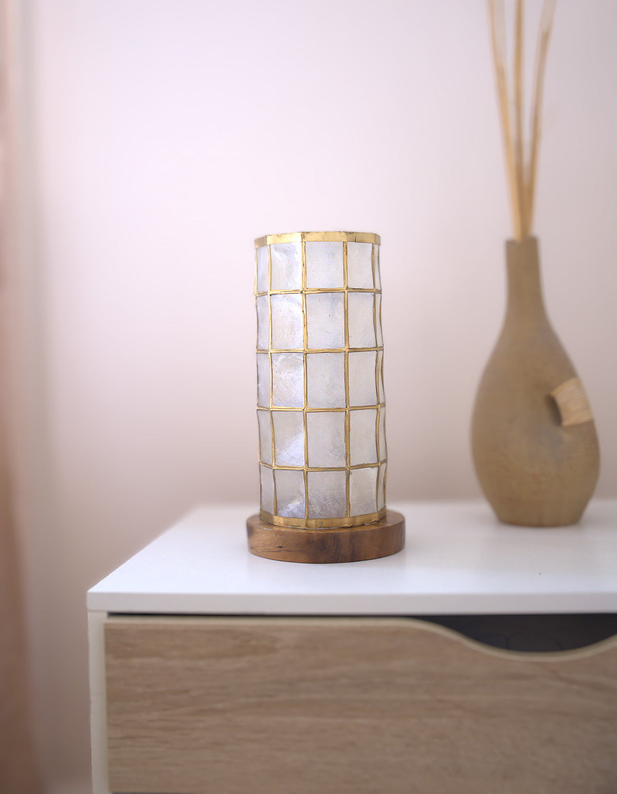 Cylindrical Tower Decorative Base | Handcrafted Capiz Table Decor